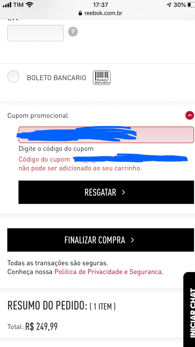 cupom promocional reebok primeira compra